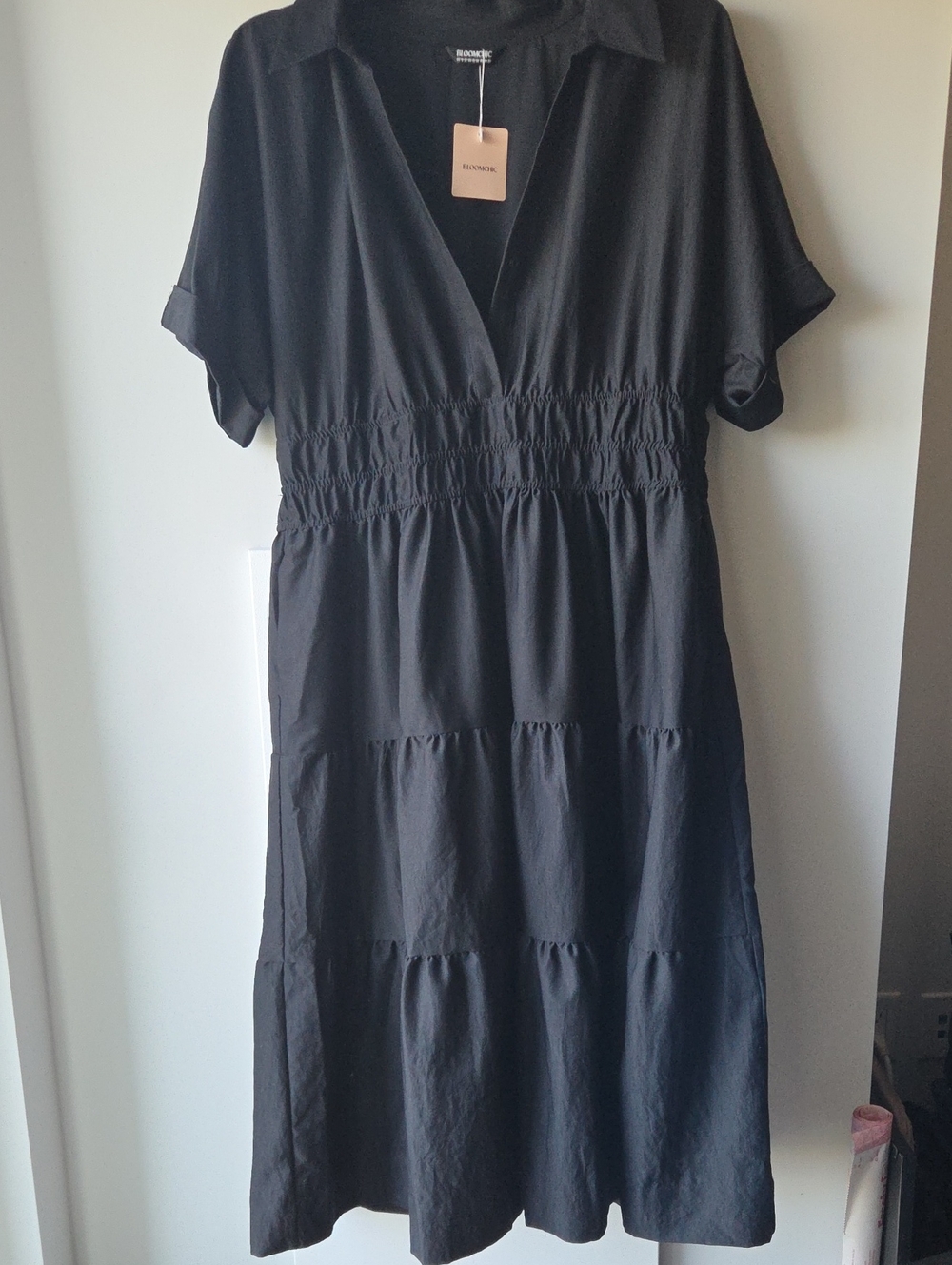 BloomChic Black Tiered V-Neck Midi Dress with Shirred Waist